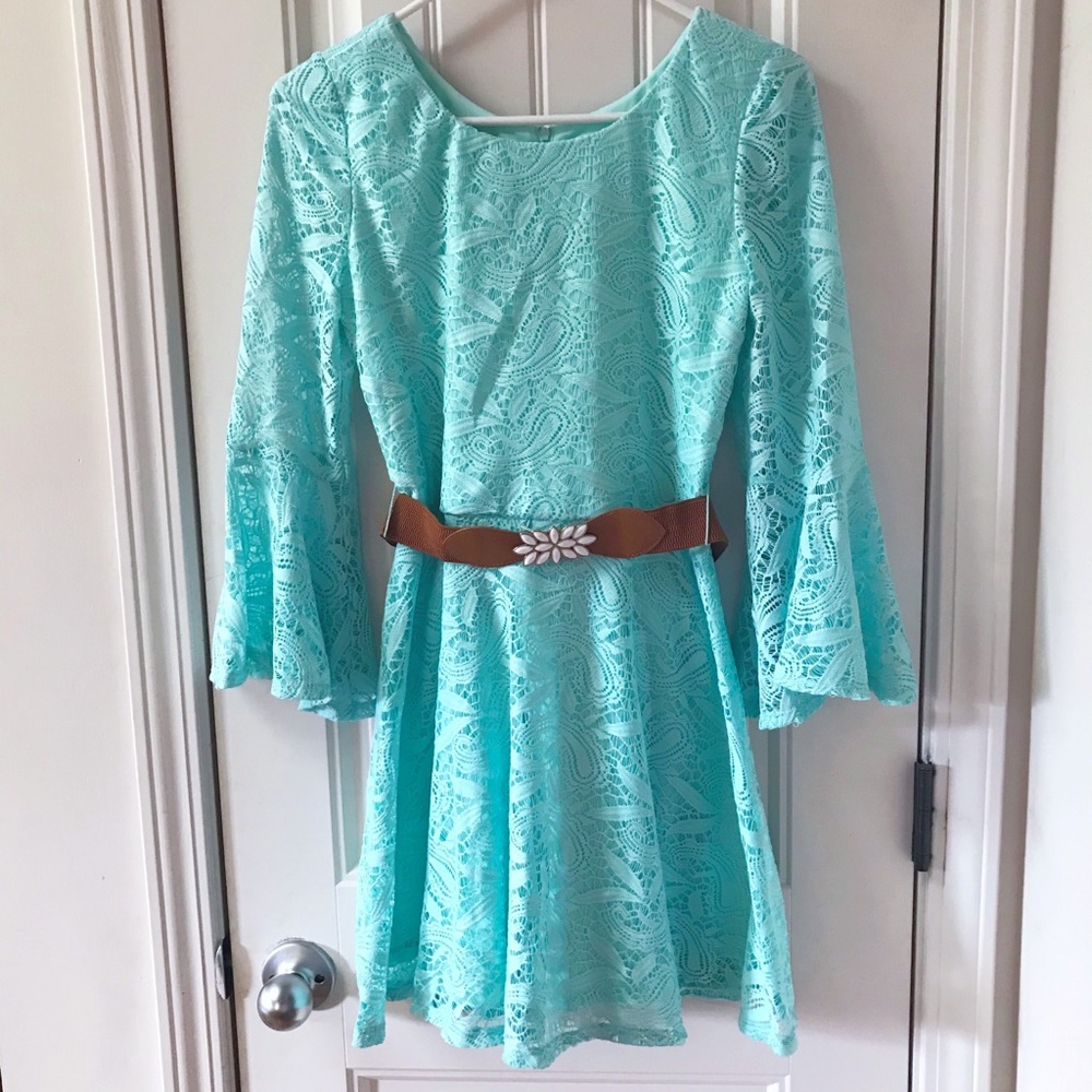 Amy Byer Aqua Blue Bell-Sleeved Dress